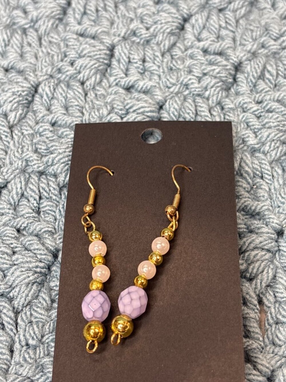 Beaded Dangle Earrings Goldtone Faux Pearl Purple Glass 1.5 inches